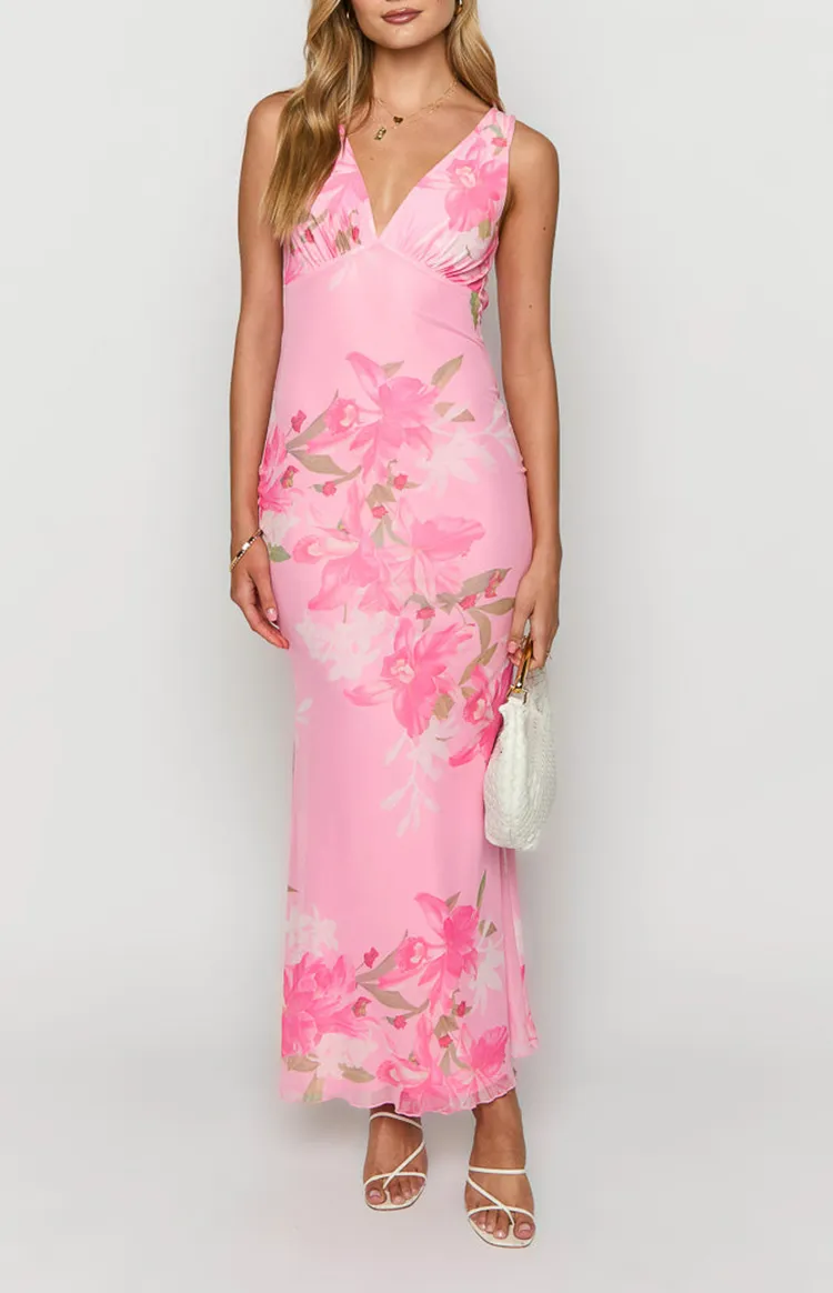 V-Neck Pink Floral Mesh Maxi Dress