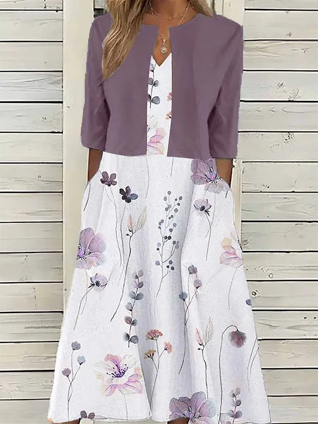 Women's Two Piece Dress Set Casual Dress Print Dress Outdoor Daily Fashion Elegant Pocket Print Midi Dress V Neck Half Sleeve Floral Regular Fit Pink Blue Purple Summer Spring S M L XL XXL
