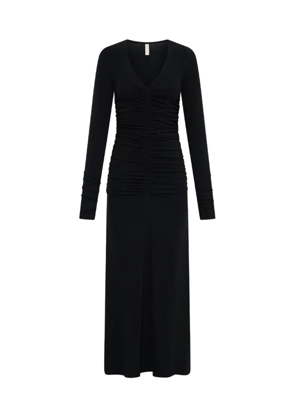 Long Sleeved V Neck Ruched Maxi Dress