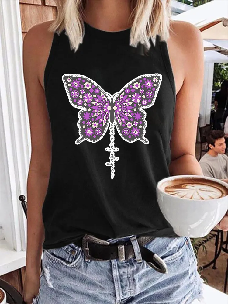 Women'S Round-Neck Sleeveless Vest With Butterfly Print Hope For A Cure
