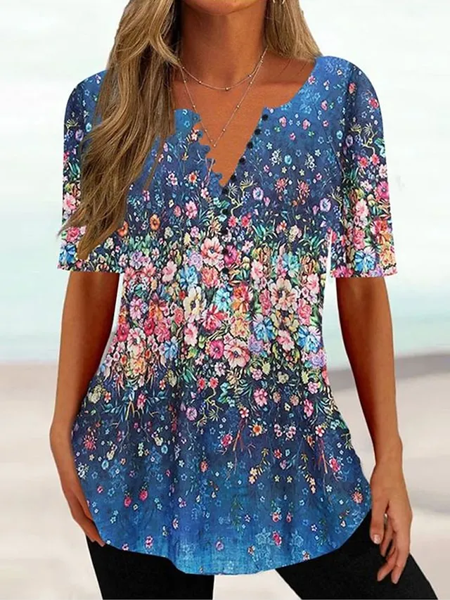 Women's T shirt Tee Black White Navy Blue Floral Button Print Short Sleeve Holiday Weekend Tunic Basic Round Neck Regular Fit Floral Painting