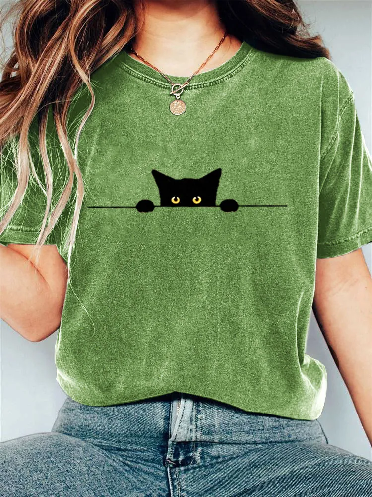 Women's Casual Funny Black Cat Print T-shirt