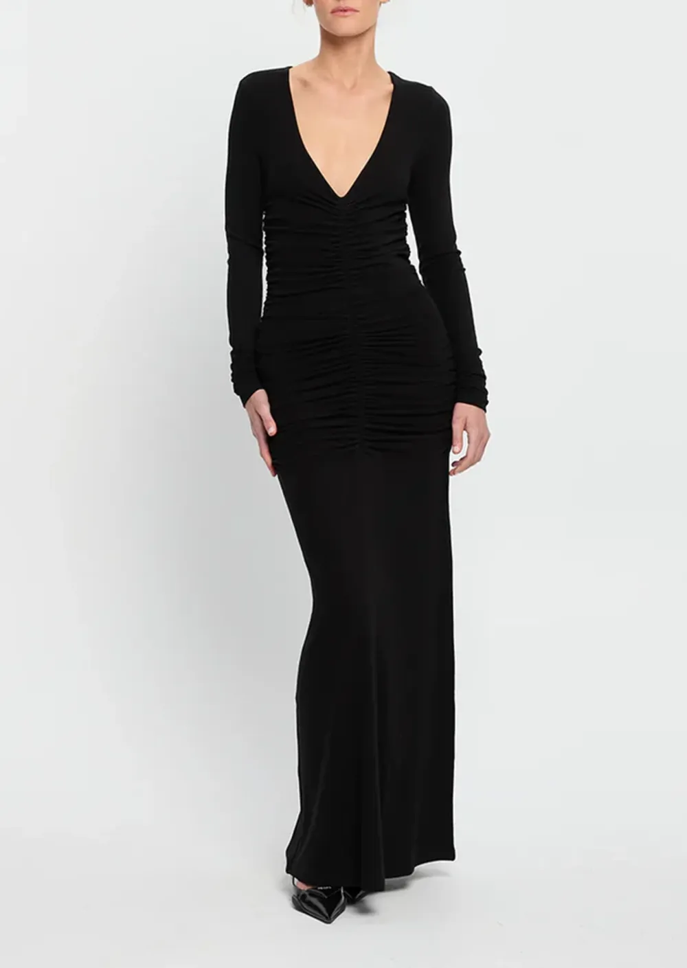 Long Sleeved V Neck Ruched Maxi Dress