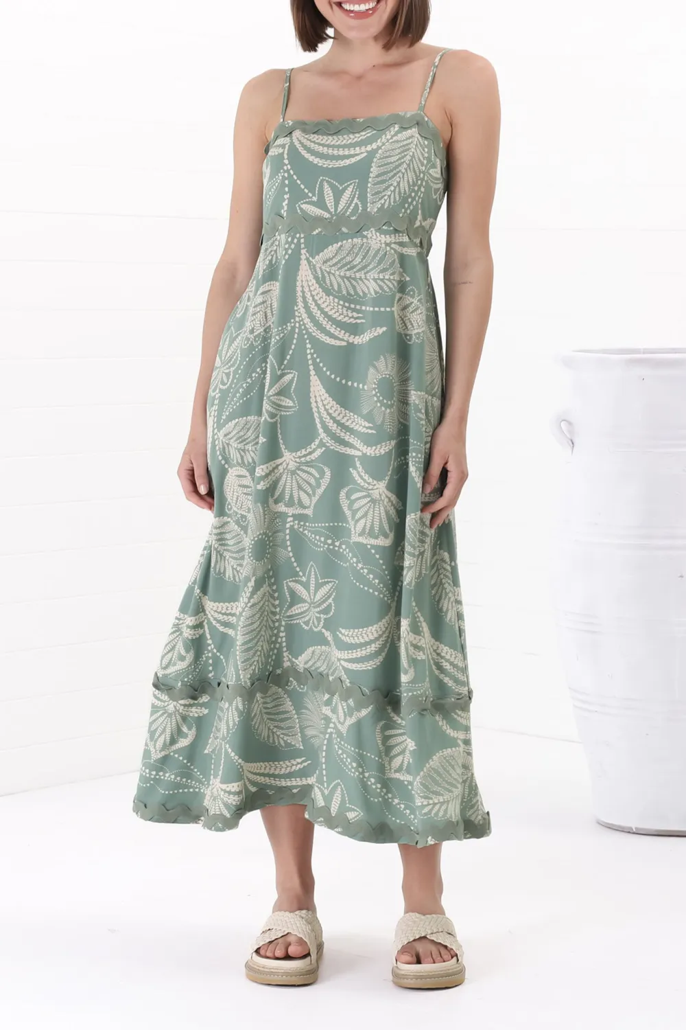 Light Green Leaf Print Slip Maxi Dress