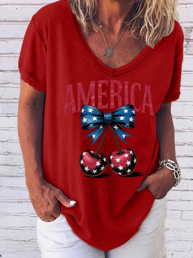 Woman'S Independence Day V-Neck And Short Sleeves T-shirt