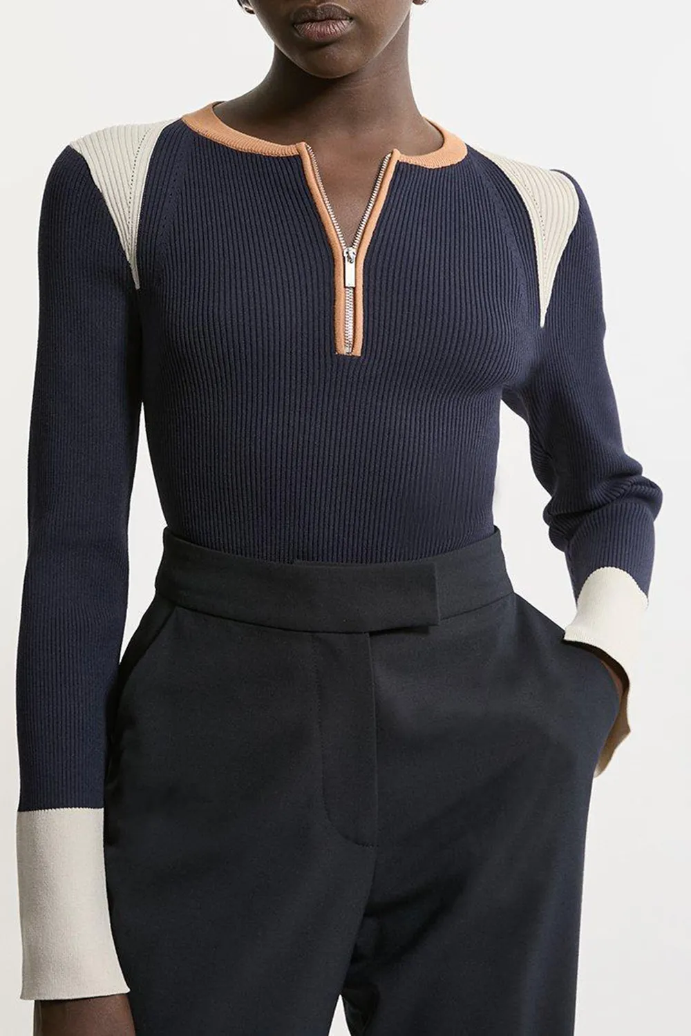 Rib Knit Half Zip Cuff Detail Top