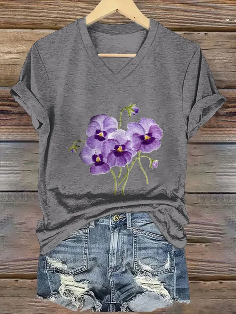 Women'S Floral Print Alzheimer'S Awareness V-Neck Short-Sleeved T-Shirt