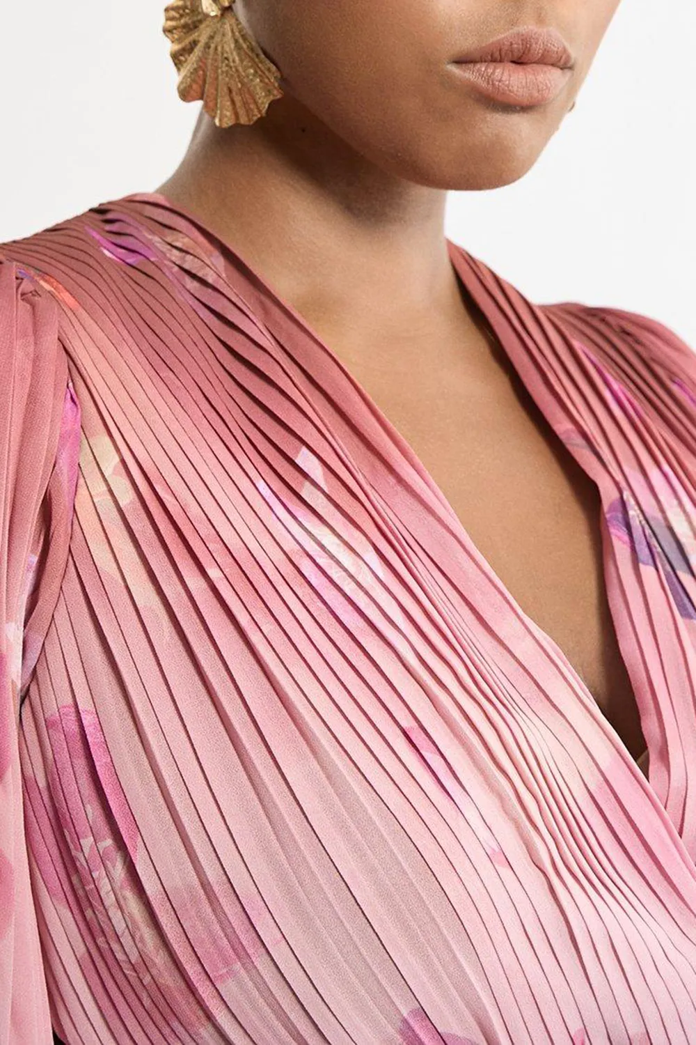 Plus Size Floral Soft Pleated Long Sleeve Maxi Dress