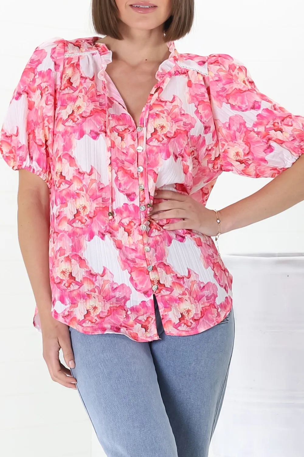 Pink Floral Print V Neck Puff Sleeve Top