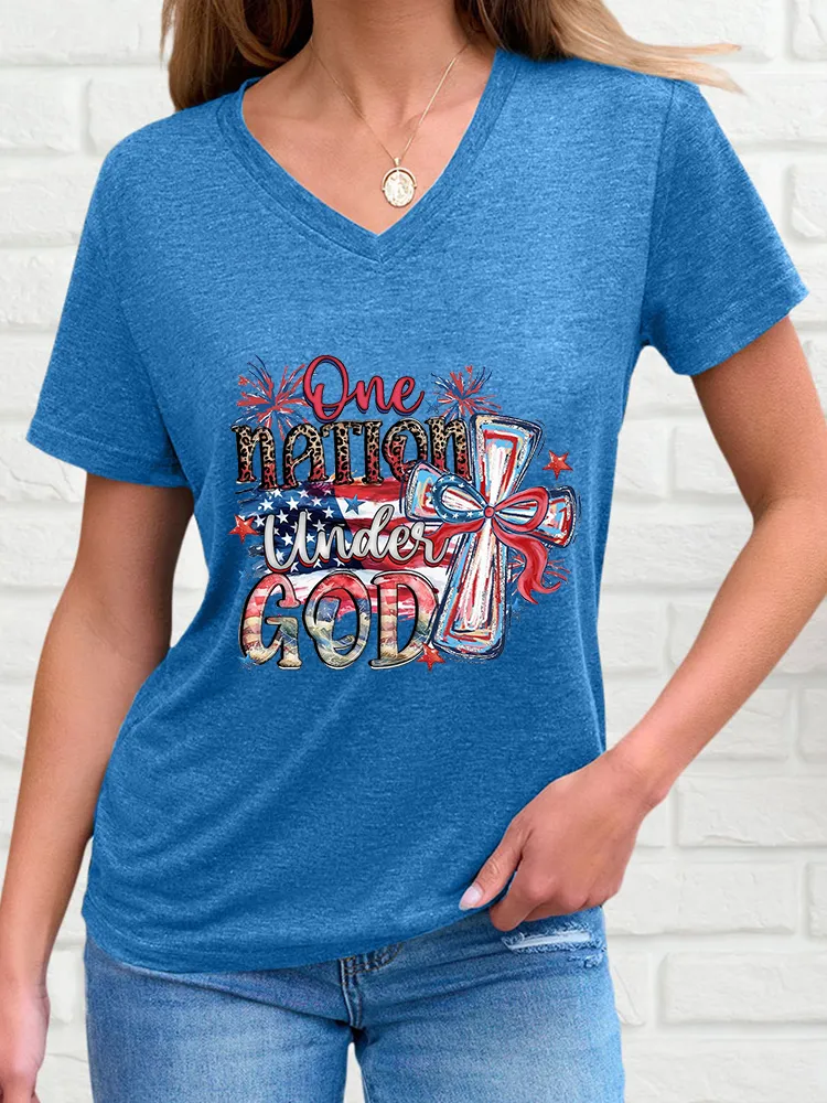 Woman'S One Nation Under God V-Neck And Short Sleeves T-Shirt