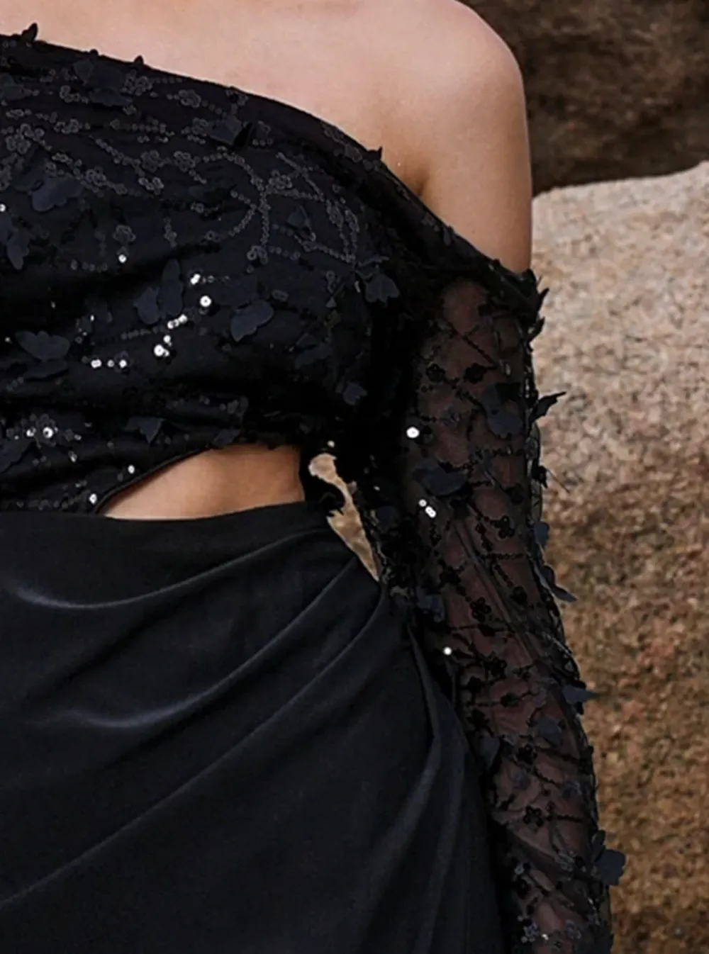 Off Shoulder Butterfly Cutout Black Split Dress