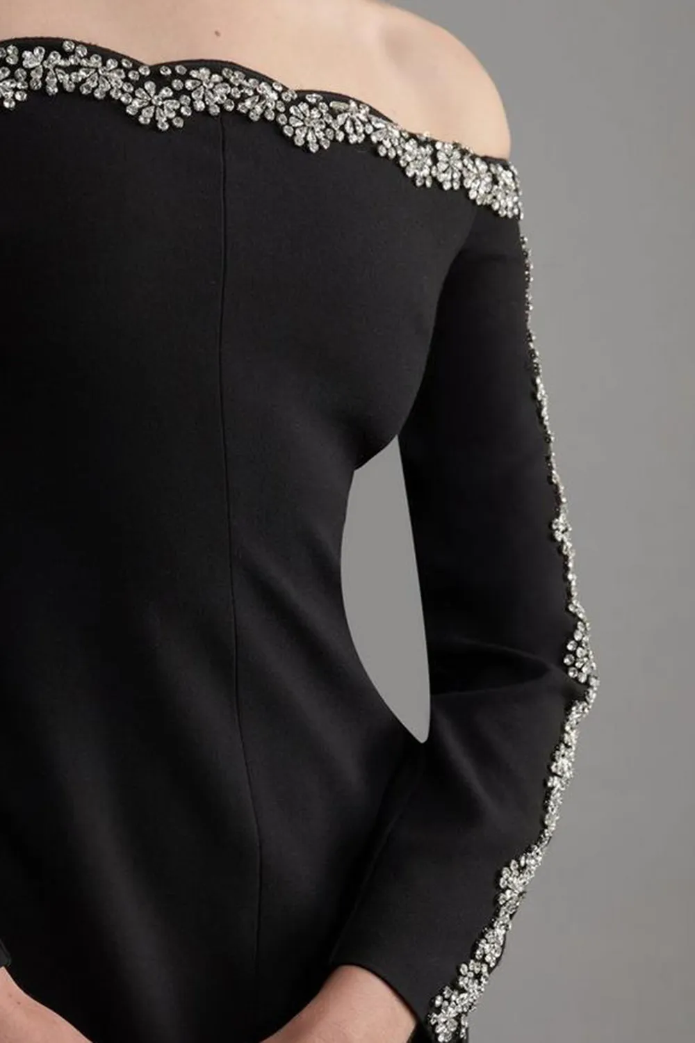 Crystal Embellished Scalloped Bardot Tailored Midaxi Dress