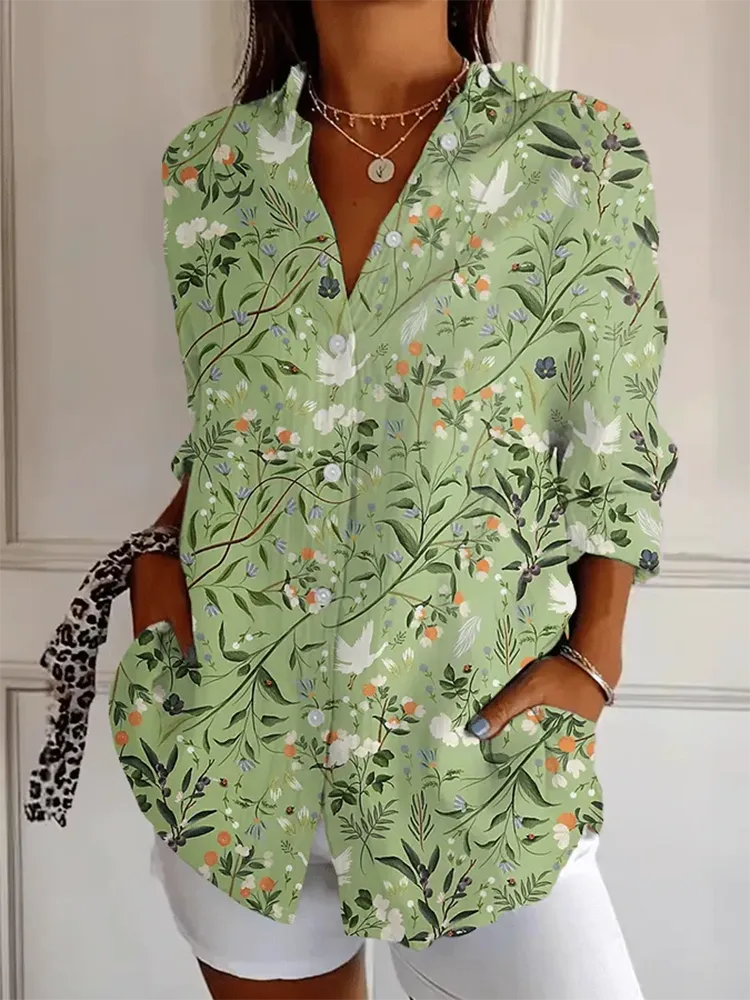 Women'S Floral Print Long-Sleeved Lapel Shirt