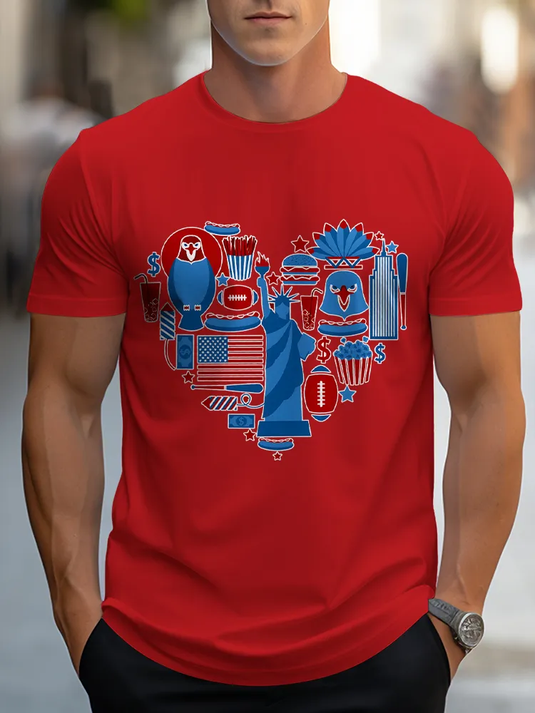 Man'S Heart-Shaped Print Round-Neck Short-Sleeved T-Shirt