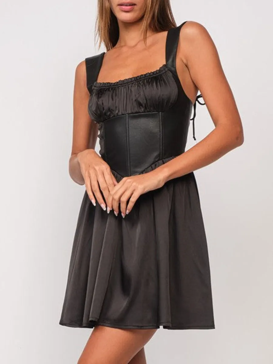 Satin Faux Leather Sleeveless Mini Dress