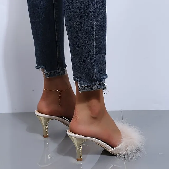 Women's Sandals Furry Feather High Heel Pointed Toe Faux Fur PU Loafer Solid Colored Black Rosy Pink Beige