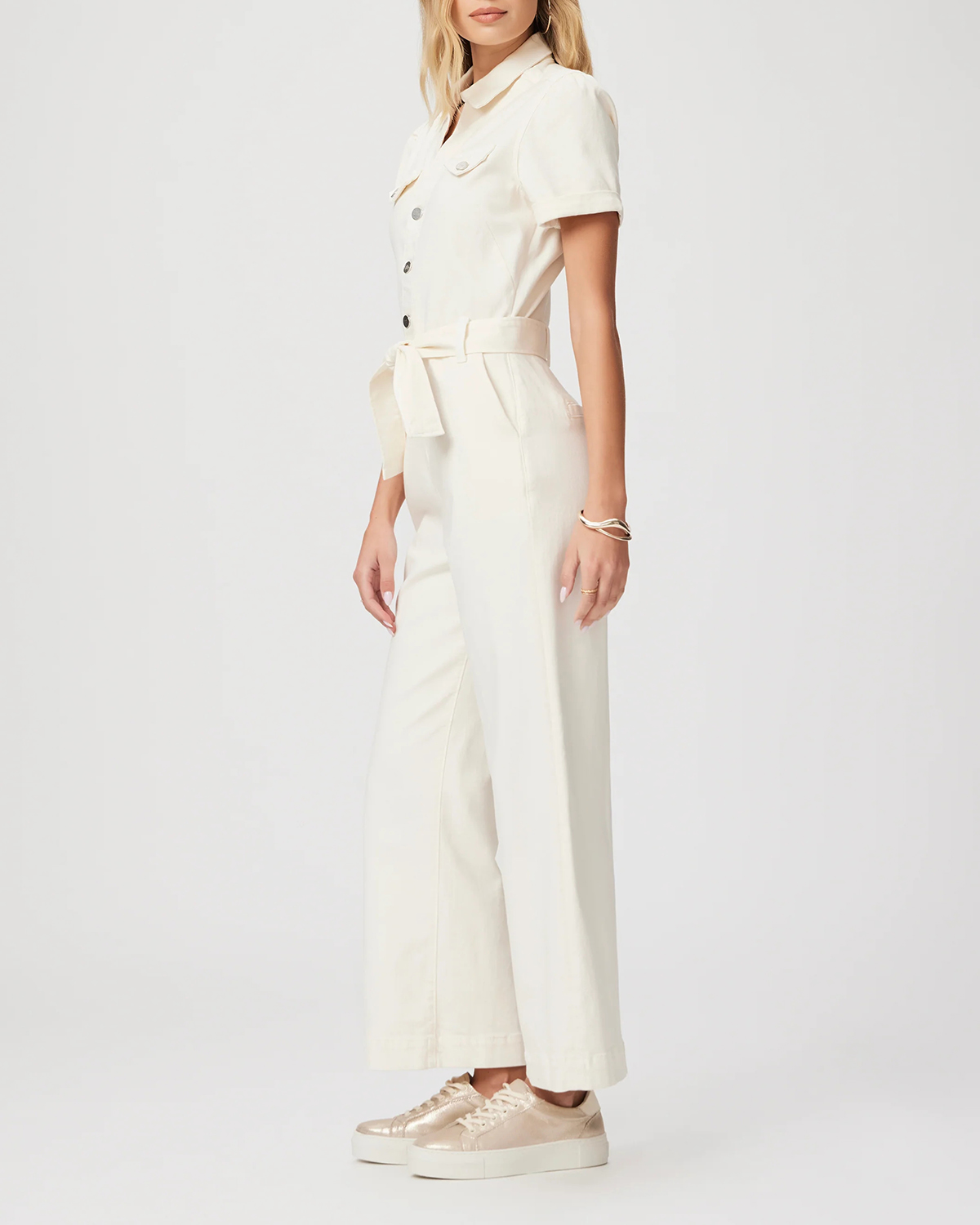 White Short Sleeve Belted Jumpsuit