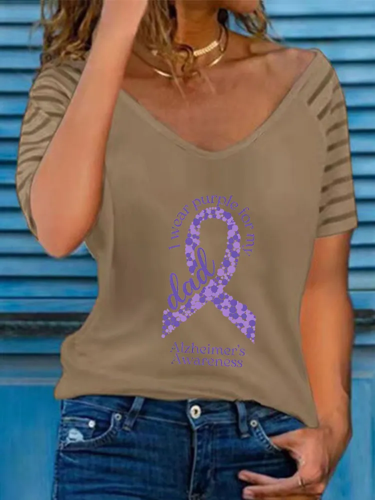 Women'S I Wear Purple For My Dad Alzheimer'S Awareness V-Neck Short-Sleeved T-Shirt