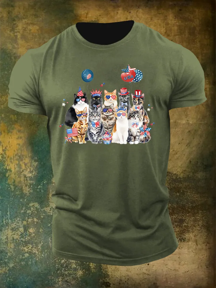 Men'S Independence Day Cat Flag Round-Neck T-Shirt