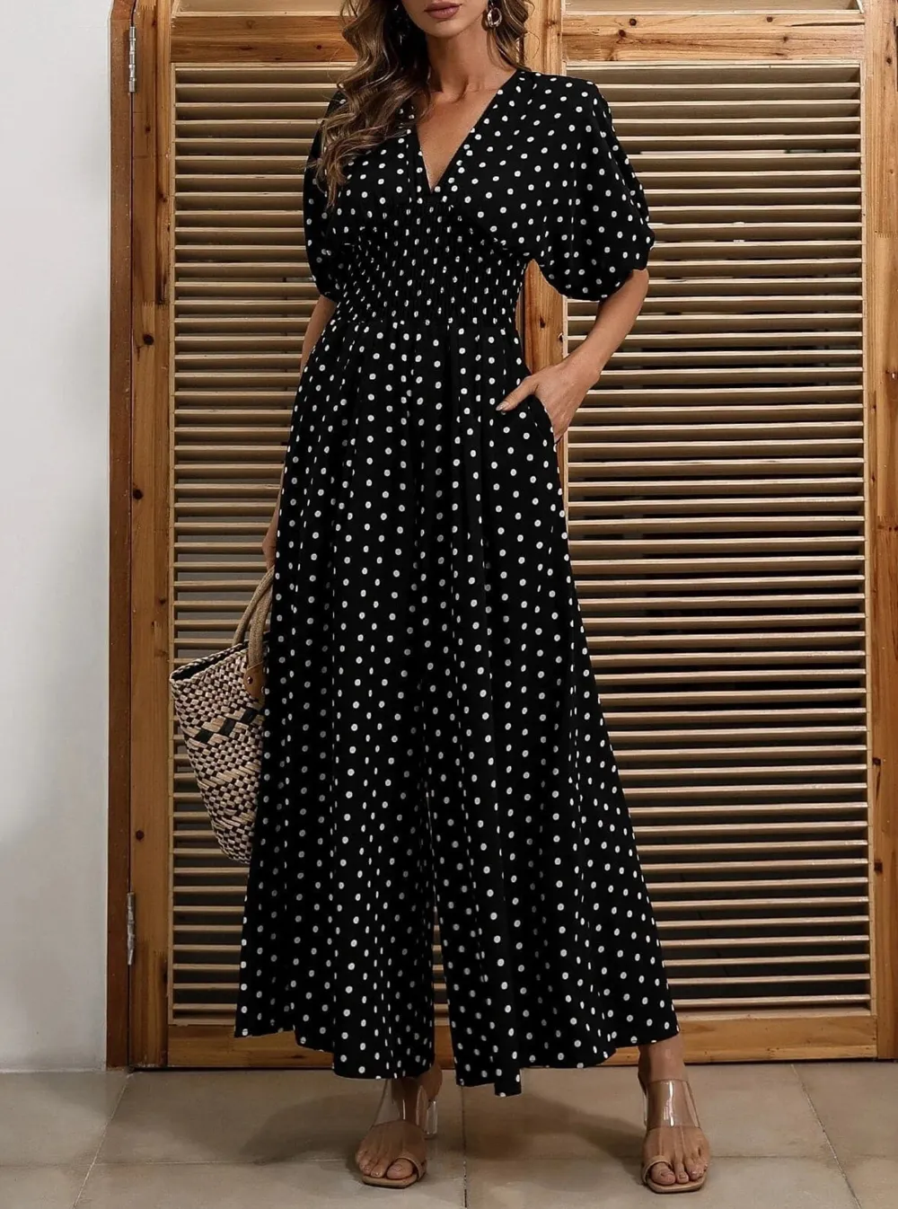 Polka Dot Shirred Waist Jumpsuits