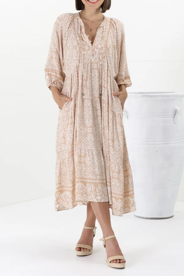 Beige Patterned Half Sleeve Midi Dress