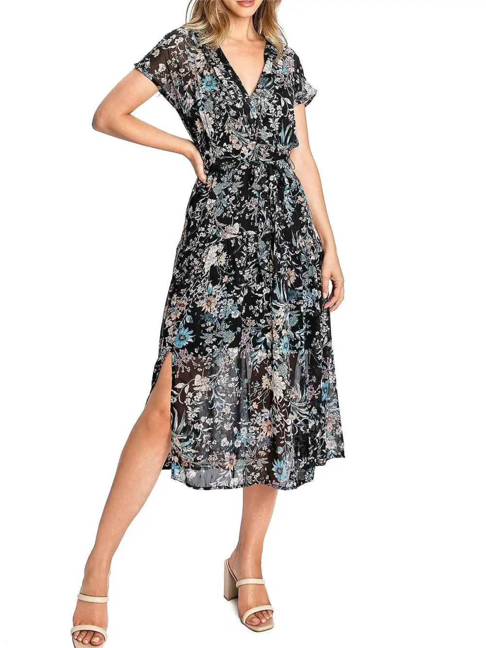 Black Floral Wrap - Style Midi Dress