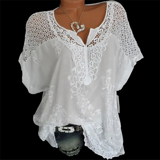 Women's Shirt Blouse Plain Black White Red Embroidered Short Sleeve Daily Going out Weekend Streetwear Basic Casual V Neck Regular Fit Summer Spring