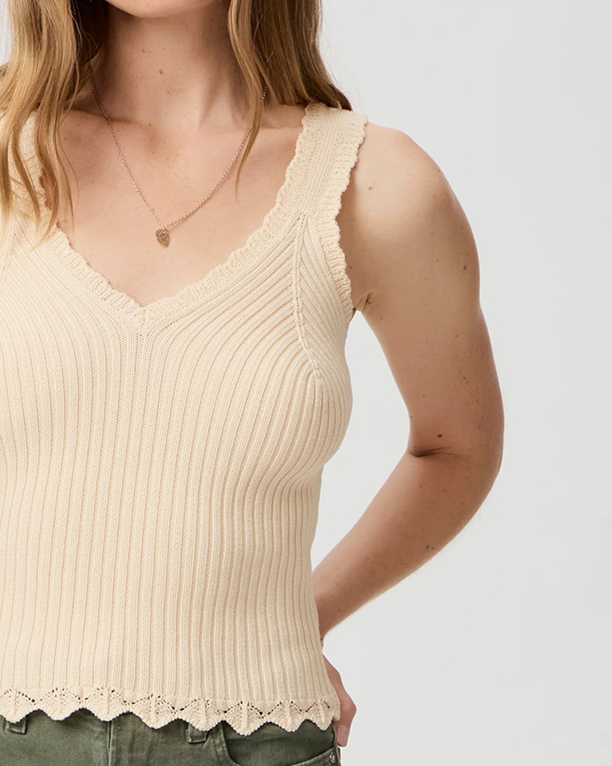 Beige Ribbed V Neck Cropped Tank Top