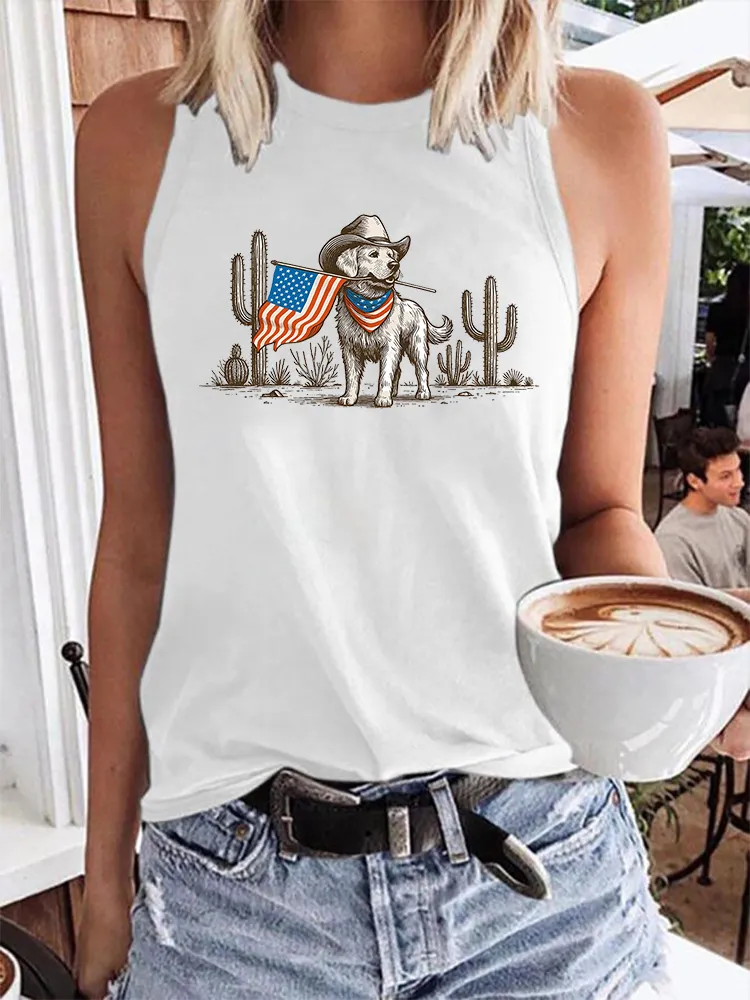 Women'S Independence Day Puppy National Flag Round-Neck Sleeveless Vest