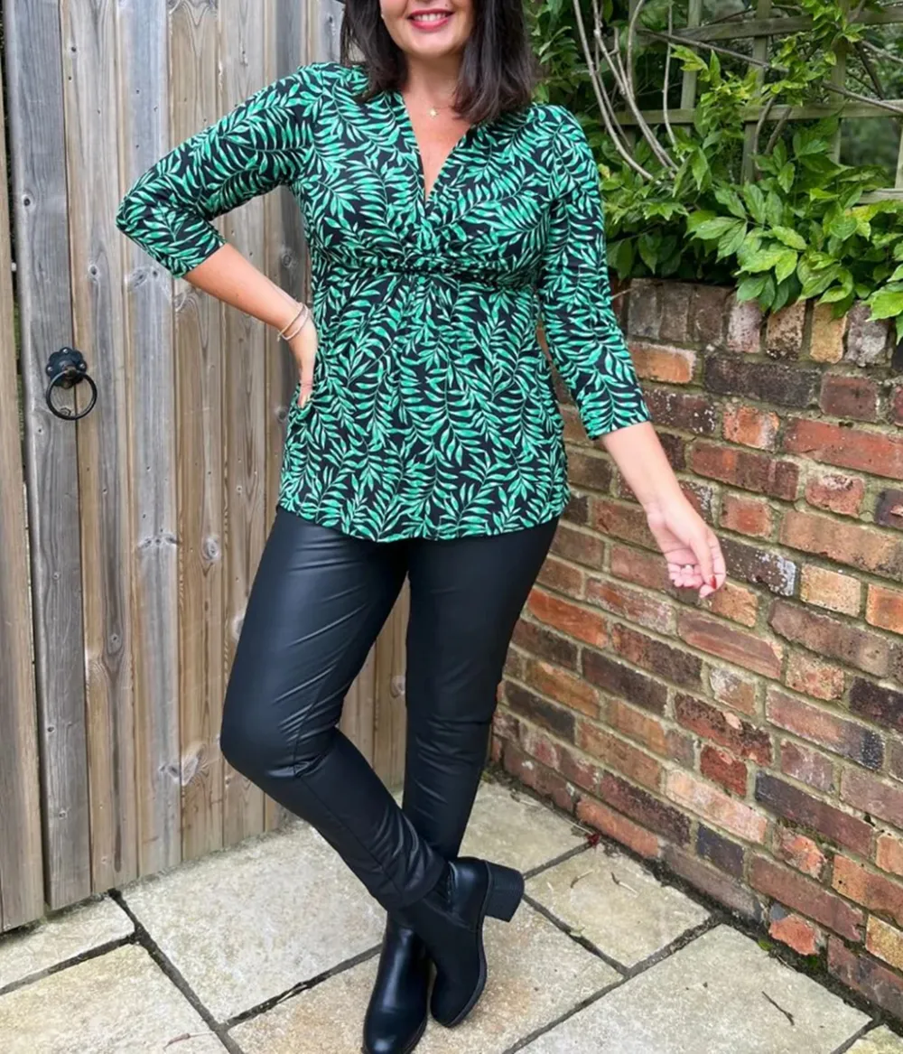 Green Leaf Print Twist Front Tunic Top