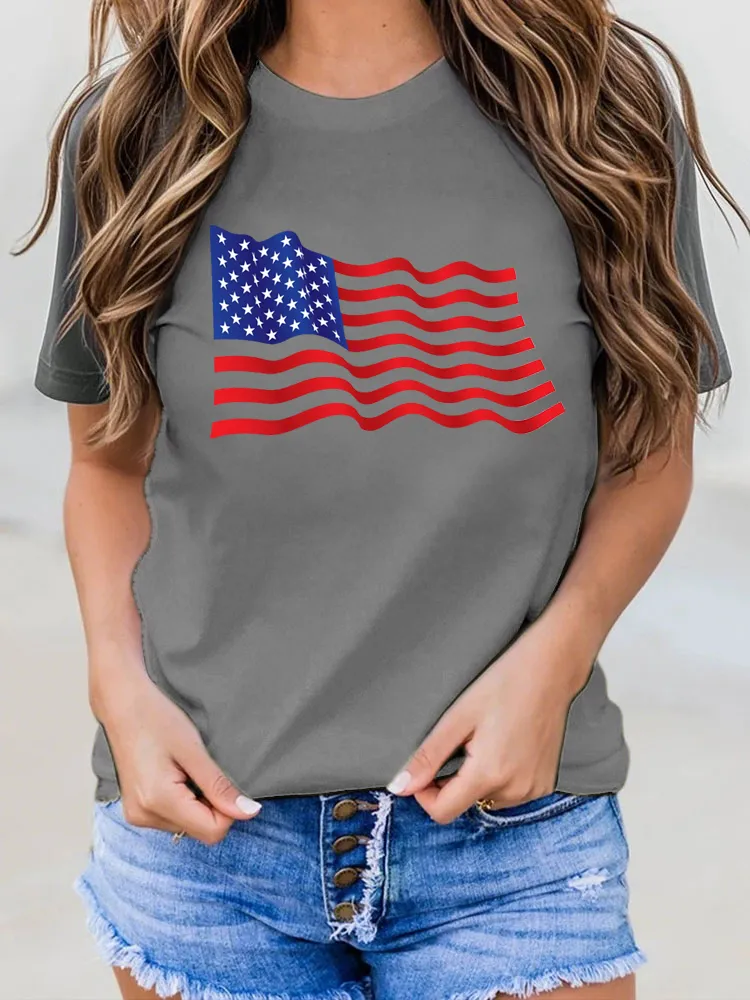 Woman'S Independence Day Flag Print Short-Sleeved T-Shirt