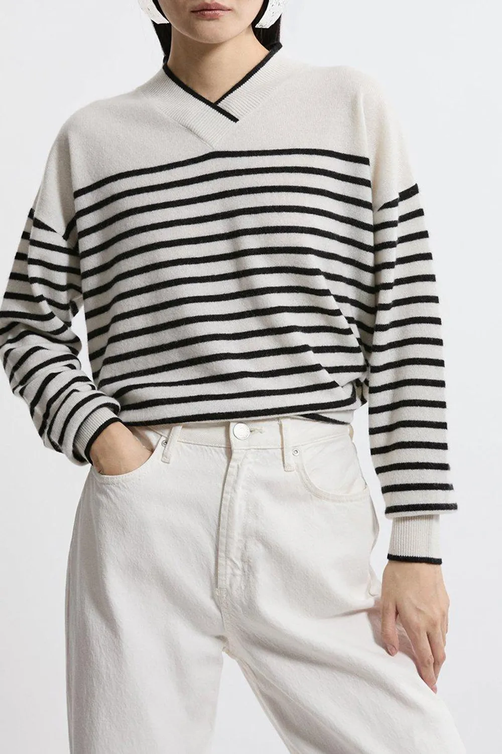 Cashmere Knitted V Neck Contrast Wrap Striped Jumper