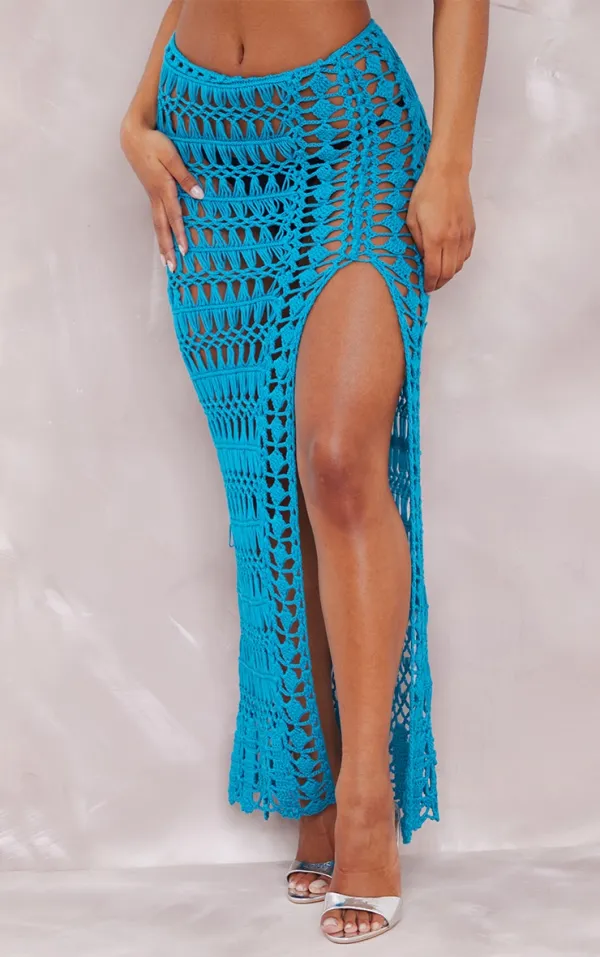 Turquoise Side Split Crochet Knit Maxi Skirt