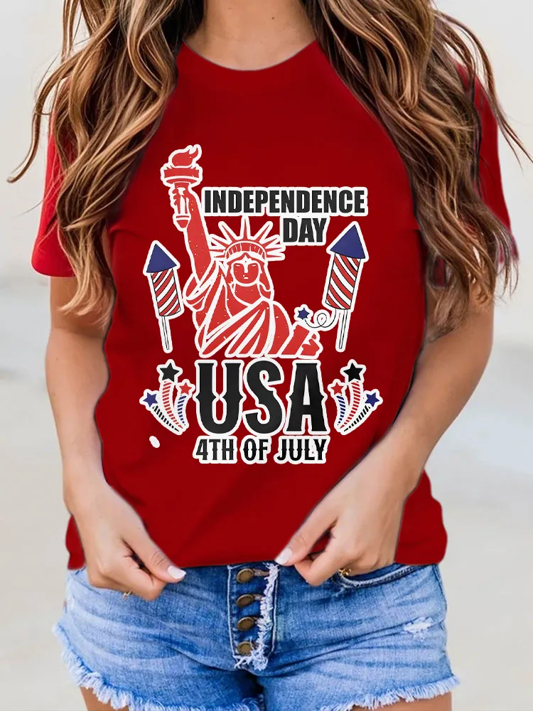 Woman'S Independence Day USA 4Th Of July Round-Neck Short-Sleeved T-Shirt