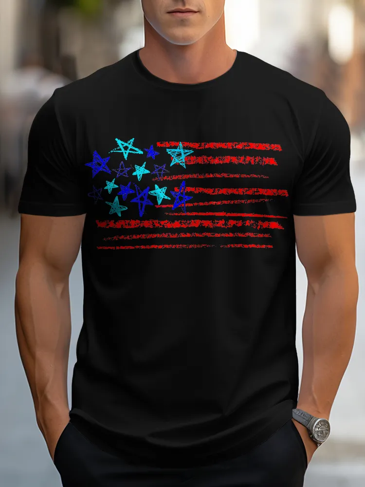 Man'S Stars And Stripes Print Round-Neck Short-Sleeved T-Shirt