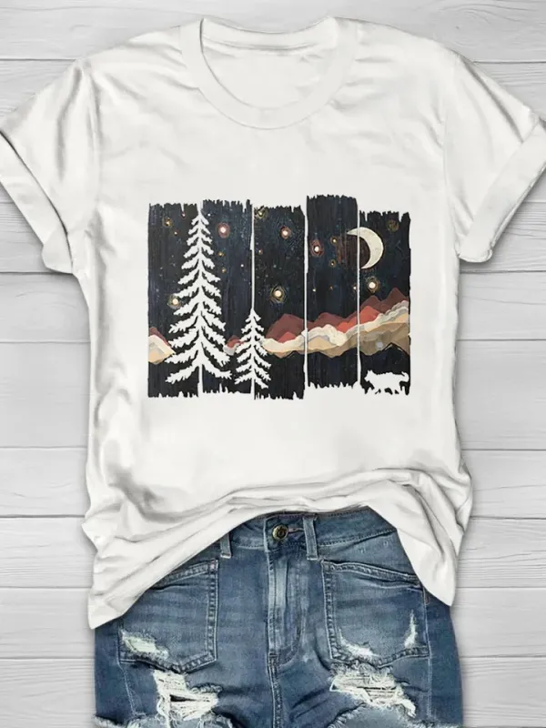 Women's Casual Natural Forest Print Short Sleeve Crew Neck T-Shirt