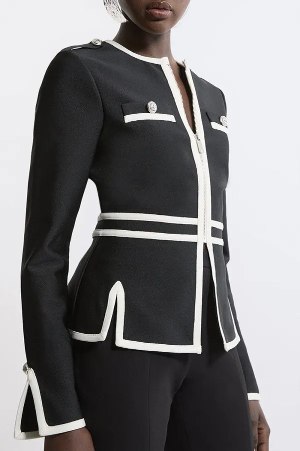Military Contrast Piping Knit Split Hem Jacket