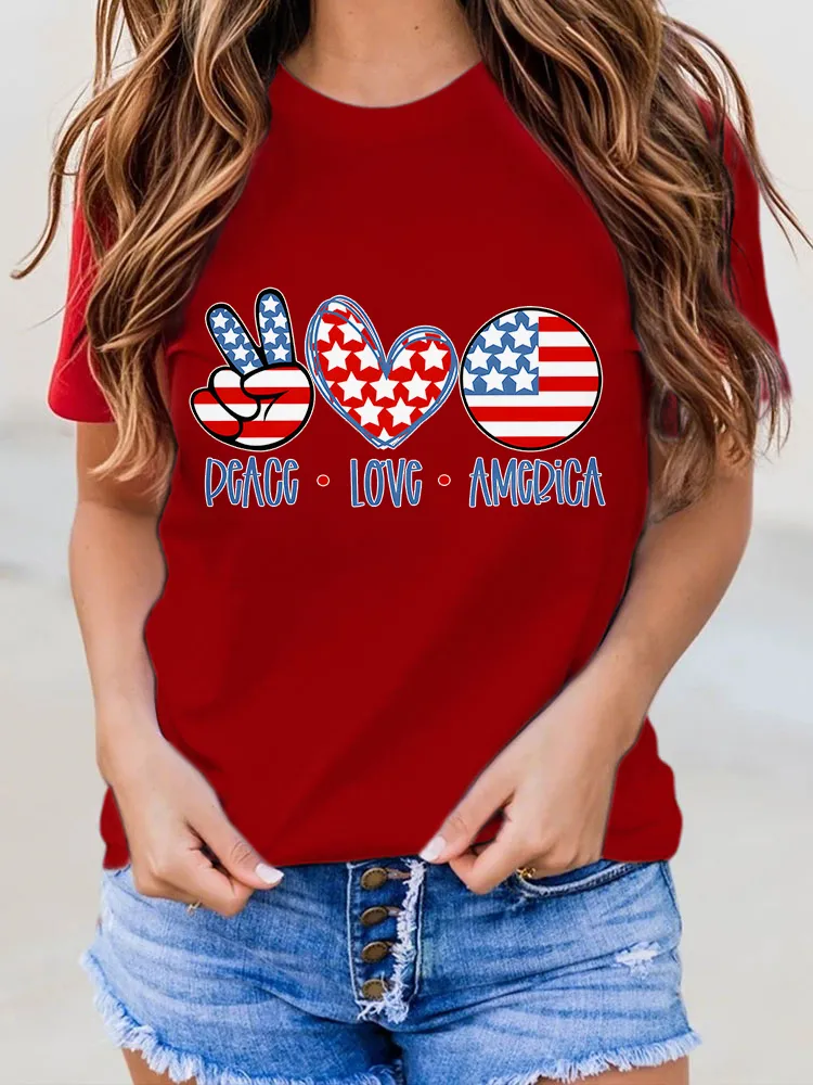 Woman'S Peace Love America Round-Neck Short-Sleeved T-Shirt