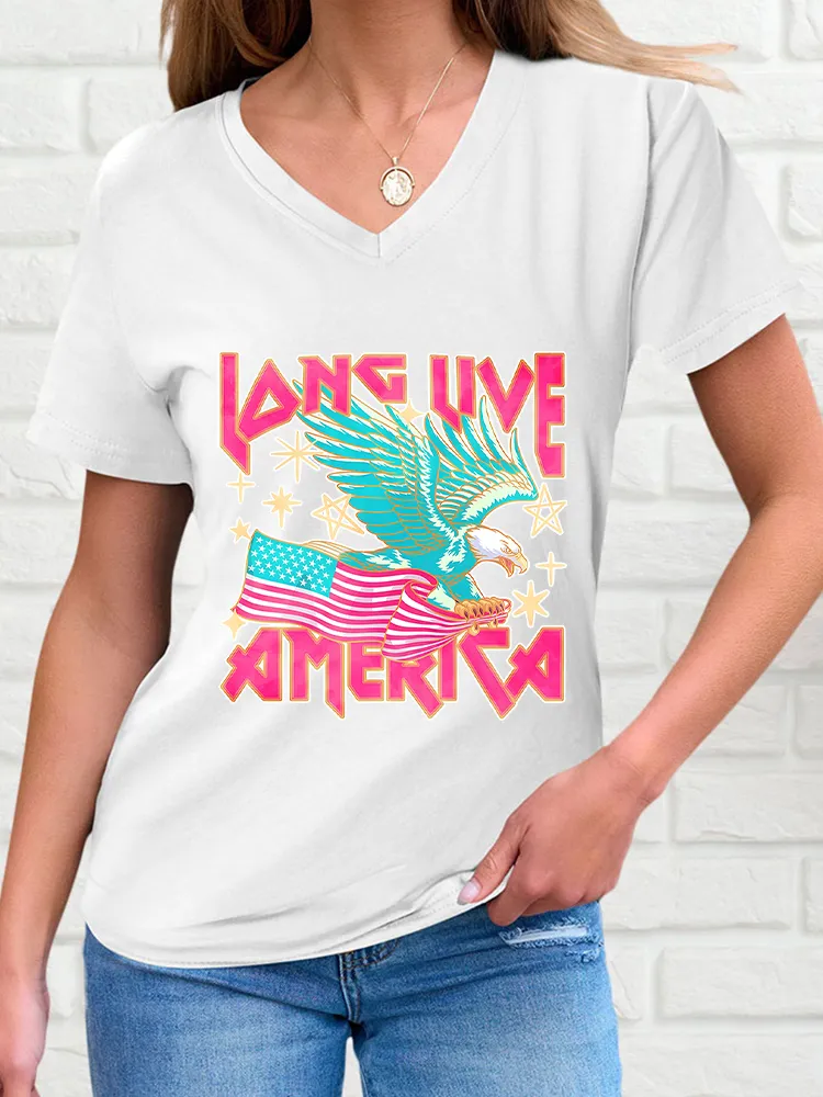 Woman'S America V-Neck And Short Sleeves T-Shirt