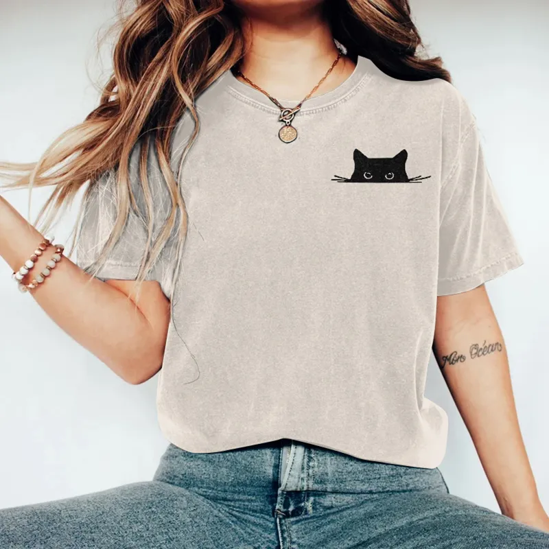 Abstract Creative Embroidered Black Cat Art Print  T-shirt
