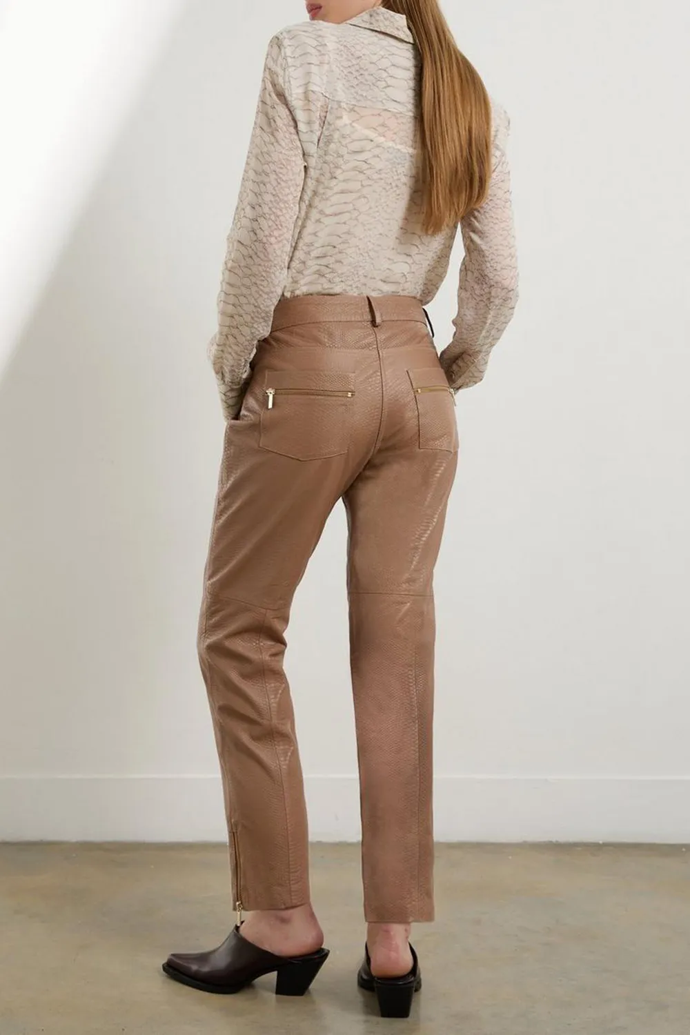 Snake Print Leather Slim Leg Low Rise Trousers