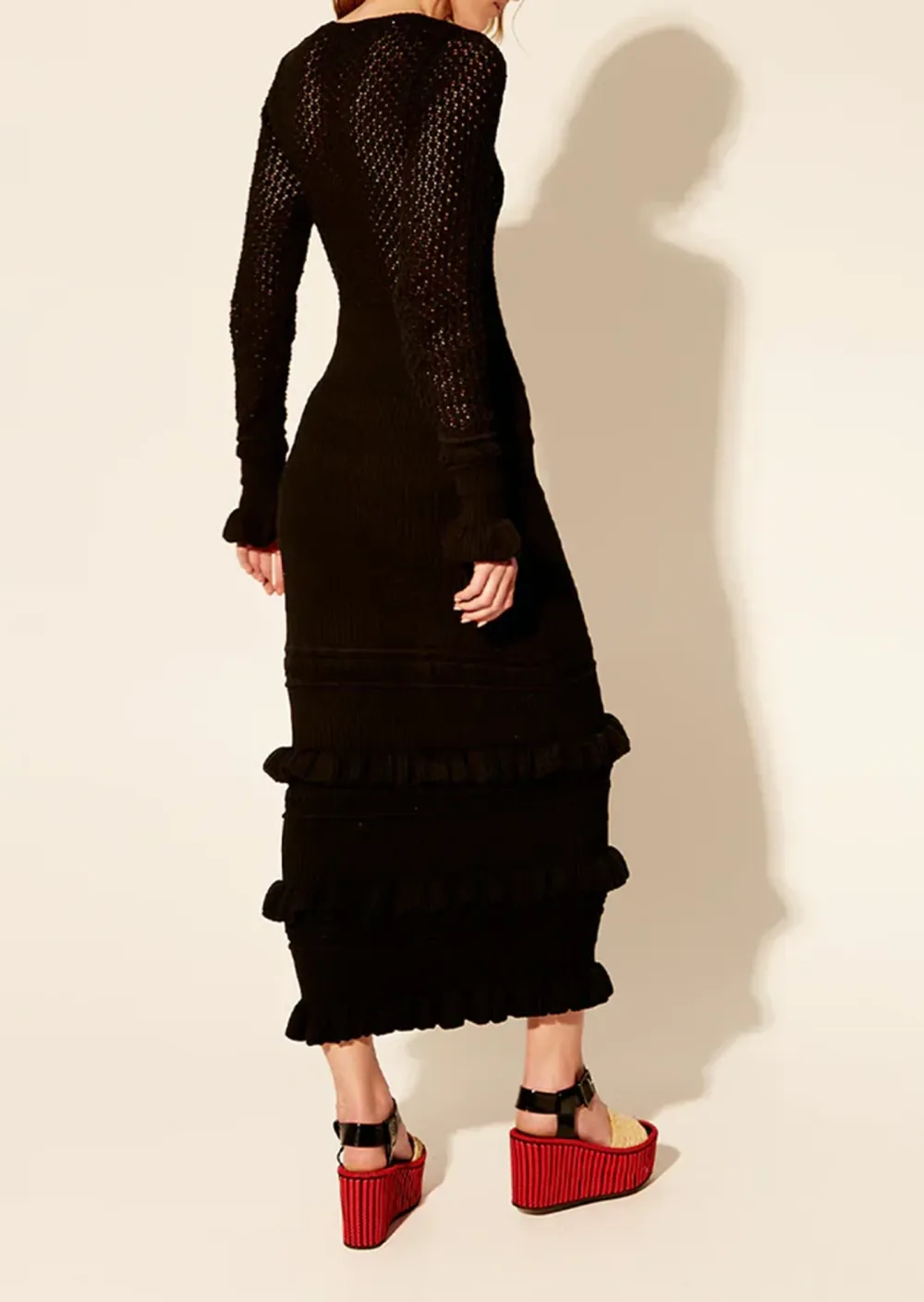 Long Sleeved Knit Ruffled Midi Dress