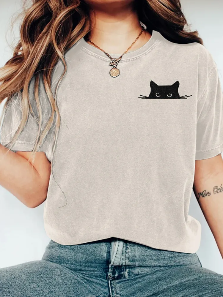 Abstract Creative Embroidered Black Cat Art Print  T-shirt