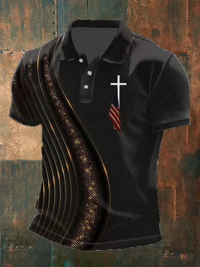 Men'S Cross And Star-Spangled Flag Print Polo Shirt