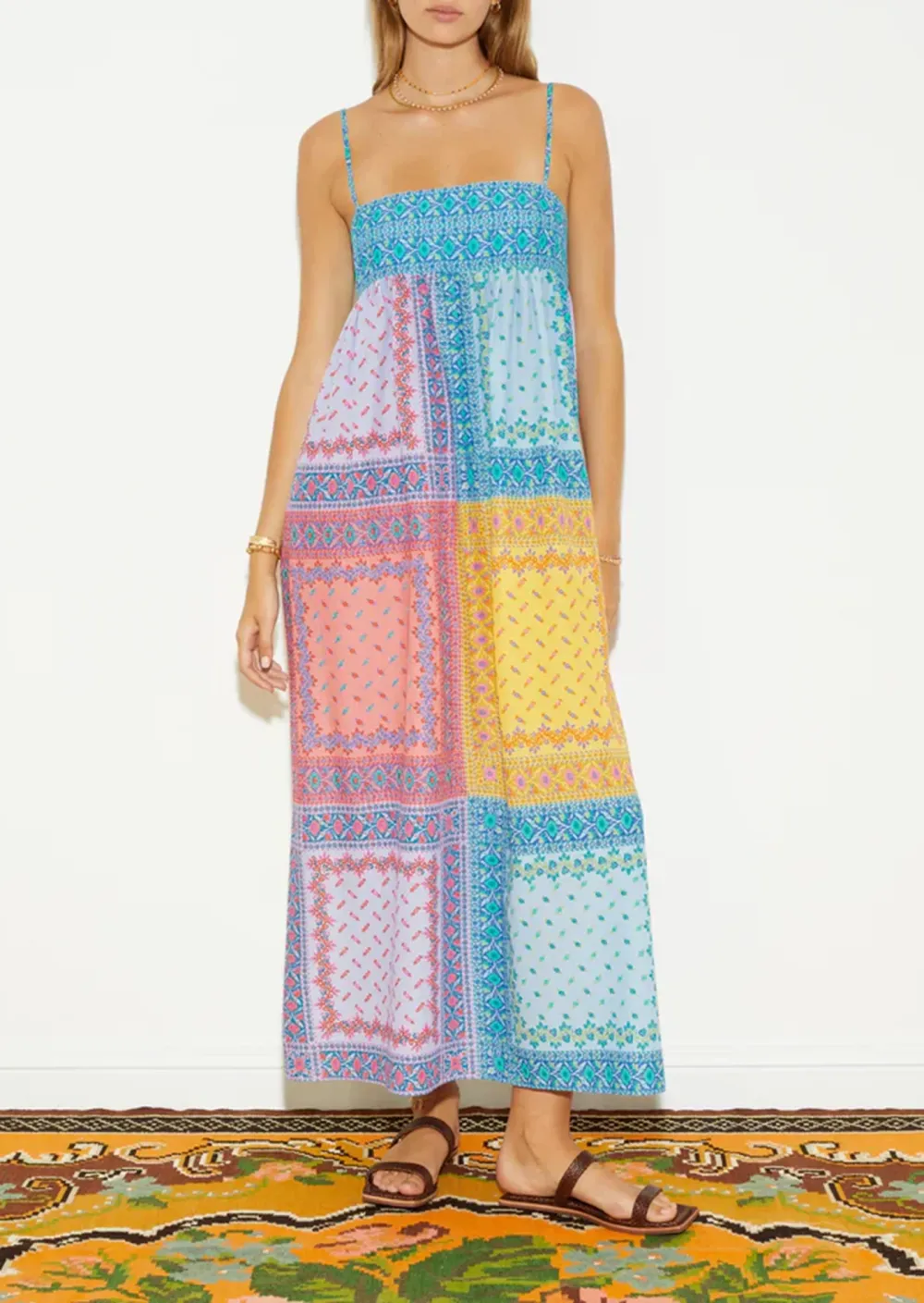 Patchwork Puff Sleeve Maxi Smock Dress