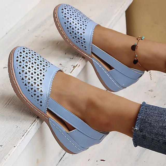 Women's Sandals Wedge Sandals Comfort Shoes Plus Size Outdoor Work Daily Summer Hollow Out Flat Heel Round Toe Classic Casual Minimalism Walking Shoes Faux Leather Loafer Solid Color Solid Colored