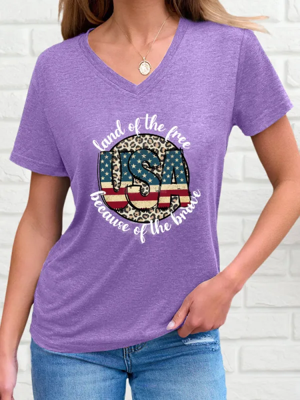 Woman'S Land Of The Free Because Of The Brave V-Neck And Short Sleeves T-Shirt