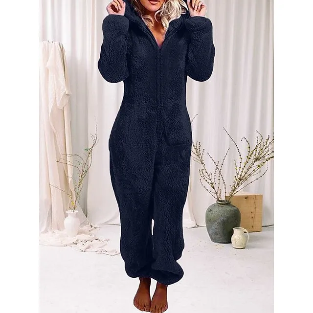 Women's Adult Onesies Onesie Pajamas Pure Color Plush Casual Comfort Home Daily Bed Polar Fleece Warm Hoodie Long Sleeve Fall Winter Light Pink claret