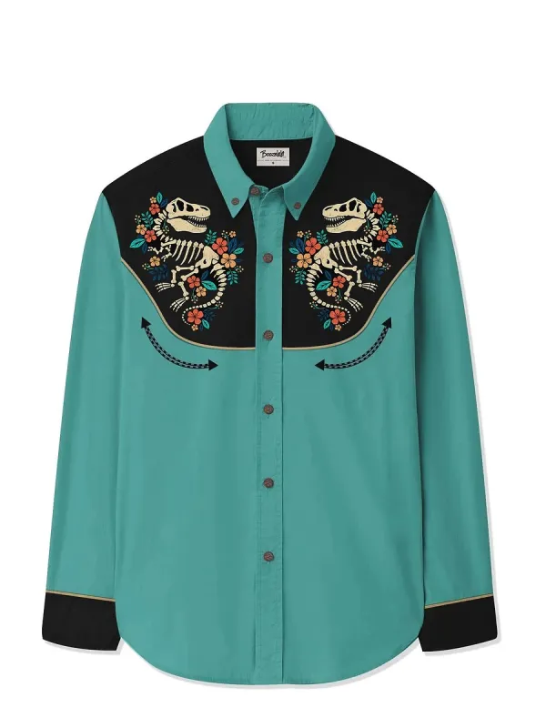Men's Skull Dinosaurs and Flowers Long Sleeves Shirt