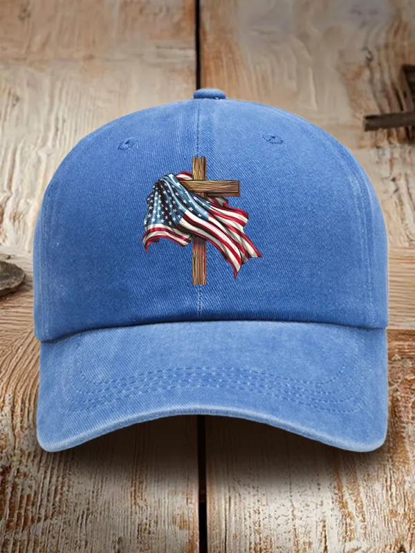 The Stars And Stripes And The Cross Print Washed Baseball Cap